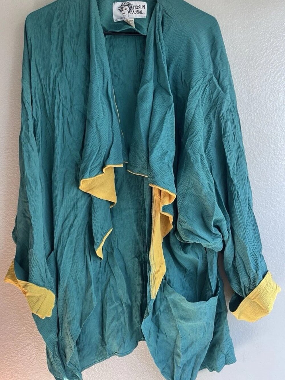 vintage Fixsun Casual cardigan teal blue yellow rayon blazer jacket Sz L/XL USA